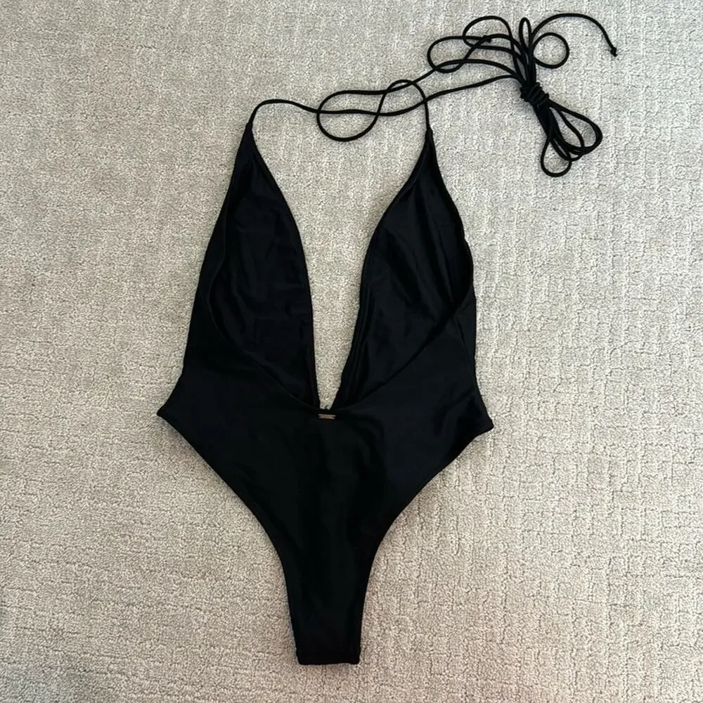 White Fox “Daydream Island” black shiny wrap sexy one piece swimsuit swimwear